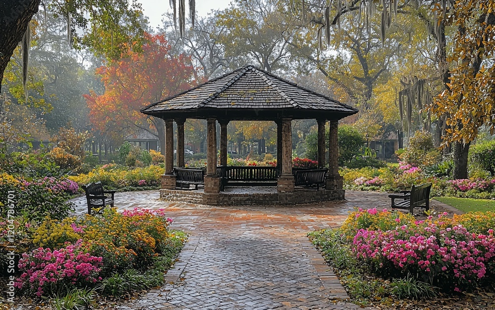 Gazebo in autumnal garden with colorful flowers and wet stone path. Gazebo in autumnal garden with colorful flowers and wet stone path.