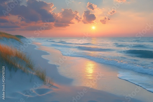 Sunset at a Serene Beach with Grassy Dunes in Northern Denmark