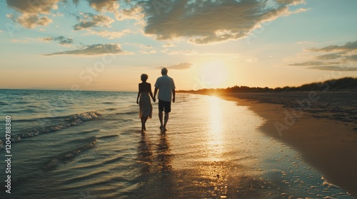 Fototapeta Naklejka Na Ścianę i Meble -  Happy senior man and woman old retired couple walking a beach at sunset