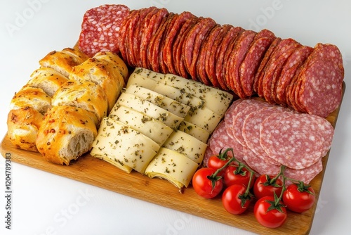 Selection of Italian cured meats artichokes tomatoes and focaccia on a cutting board with a white backdrop photo