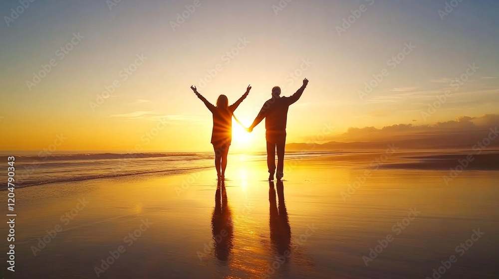 Fototapeta premium Happy senior man and woman old retired couple walking a beach at sunset