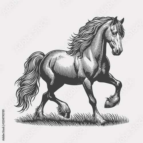 Horse with beautiful mane and tail engraving style illustration
