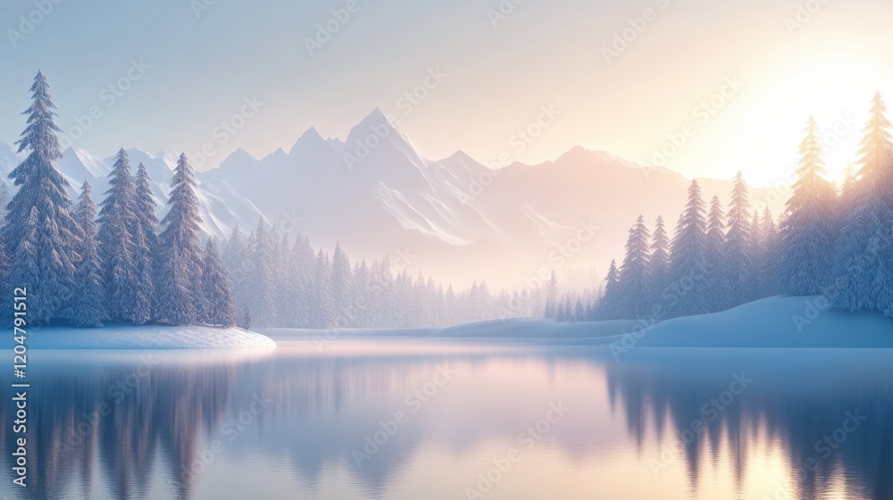 Fototapeta premium Beautiful majestic landscape with snow covered forest and lake