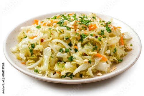 Stir fried napa cabbage with garlic on a white plate a healthy vegan Indonesian dish photo