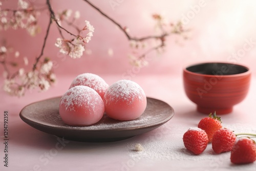 Strawberry filled traditional Japanese confection photo