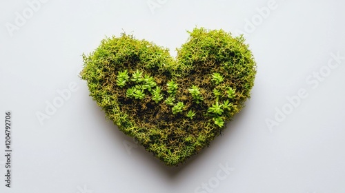 Heart Shape Made of Green Moss and Small Plants on a Light Background