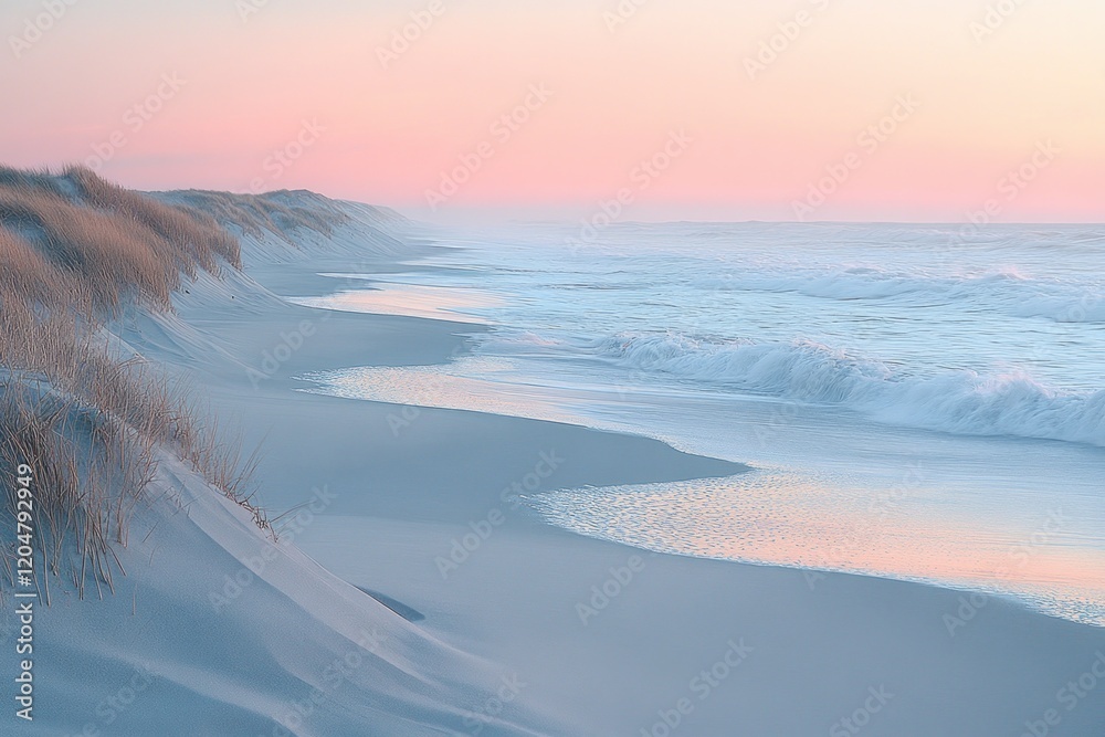 Fototapeta premium Winter Coastal Landscape at Vejlby Klit Denmark with Snow Covered Dunes and Gentle Waves