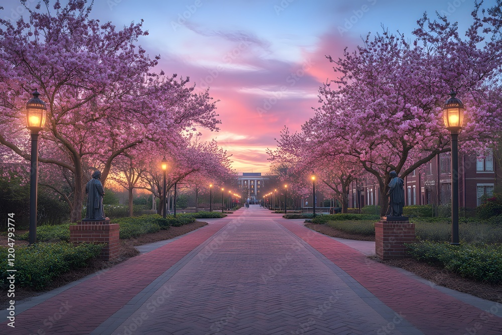 Pink Blossom Trees Line a Pathway at Sunset Pink Blossom Trees Line a Pathway at Sunset