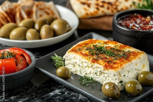 Tasty Mediterranean ricotta sfiha and cheesy baked olives on a dark granite surface photo