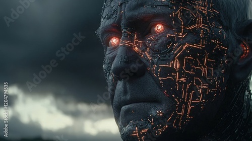 Futuristic Android with Glowing Eyes and Circuit Patterns against Dark Sky