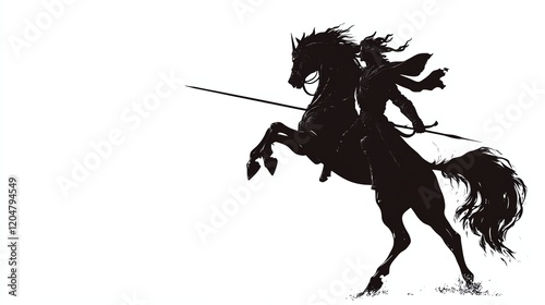 Silhouette of a knight on horseback wielding a spear, white isolated background photo