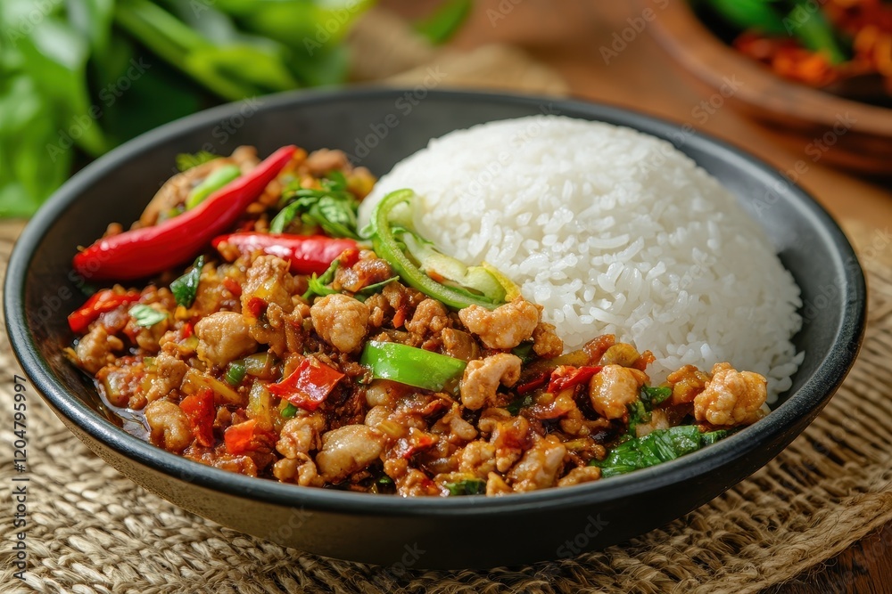 Tasty stir fried white mustard with chili in a bowl Sautéed chicory Indonesian dish served with rice displayed on a blurred background Tasty stir fried white mustard with chili in a bowl Sautéed chicory Indonesian dish served with rice displayed on a blurred background