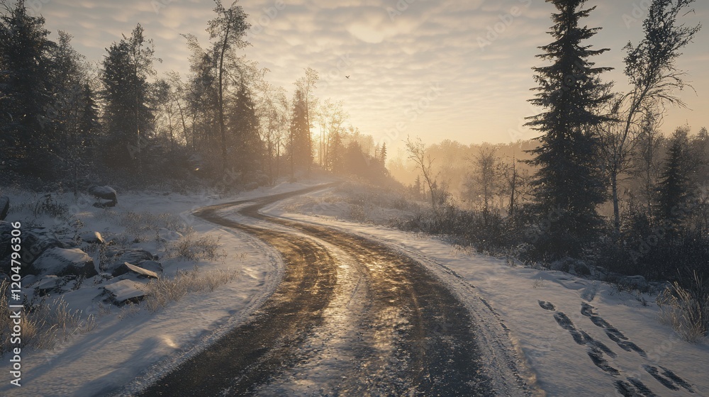 Winding snowy road at sunrise, winter forest background, travel imagery Winding snowy road at sunrise, winter forest background, travel imagery