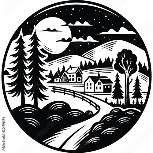 silhouette of village life beautiful view vector