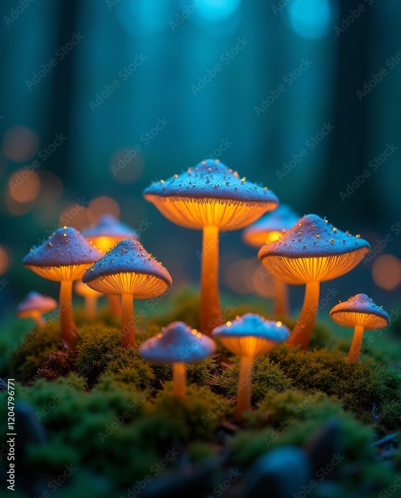 Fototapeta premium Glowing mushrooms in magical forest