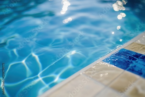 Testing pool water quality using a strip for pH chlorine and algaecide levels photo