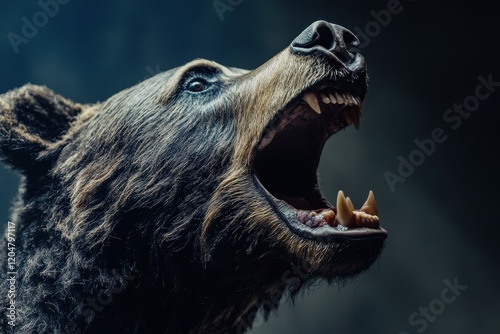 Taxidermied bear head displayed with mouth open showcasing a hunter s trophy Close up photo