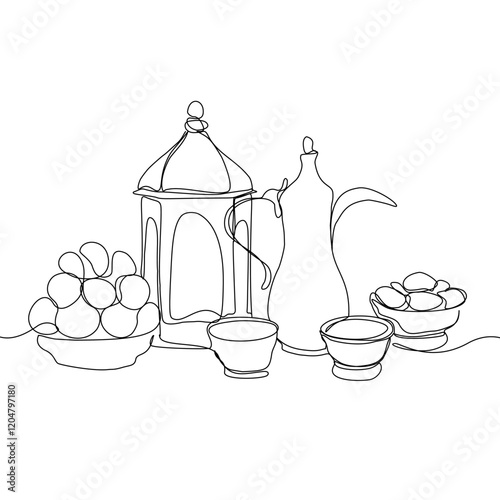 Lantern, teapot, cup and fast breaking dish for iftar with ramadan kareem in one single continuous line drawing style. Ramadan kareem concept. photo