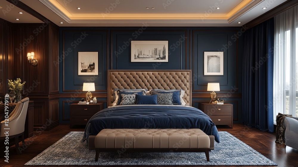 Luxurious navy bedroom interior design