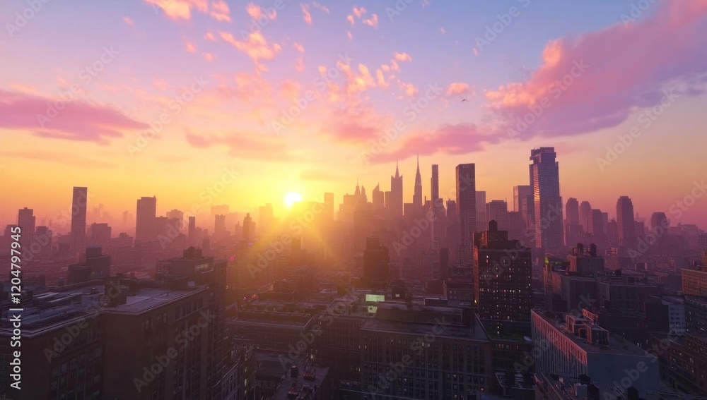 Fototapeta premium Cityscape Sunset: A breathtaking view of the city skyline bathed in the warm glow of the setting sun, casting a magical spell over the urban landscape.