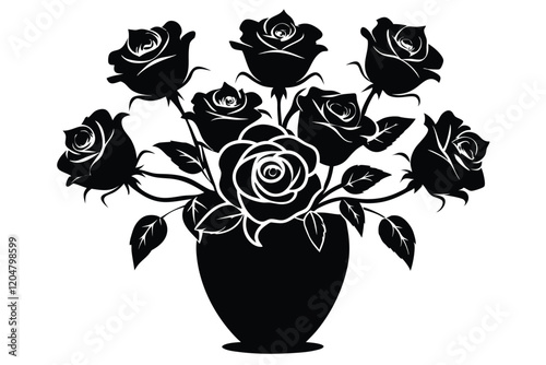 Silhouette Roses Vase Vector on White Background