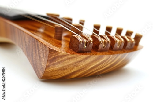 Close-up of a handcrafted wooden string instrument bridge showcasing intricate details and warm wood grain. photo