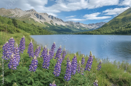 Lupine flowers bloom beside a tranquil mountain lake photo