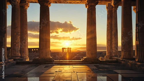 Majestic sunset viewed through ancient columns at a historic site in Greece, capturing the beauty of the landscape