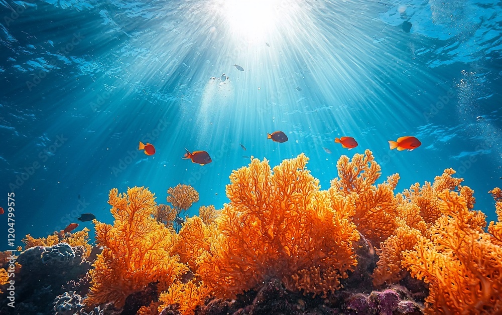 Naklejka premium Underwater scene of vibrant coral reef with sun rays and fish.