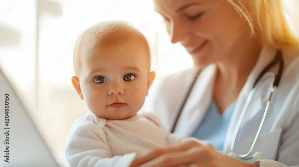 A pediatrician smiles while caring for a baby during a consultation, showcasing a warm and nurturing healthcare environment. A pediatrician smiles while caring for a baby during a consultation, showcasing a warm and nurturing healthcare environment.