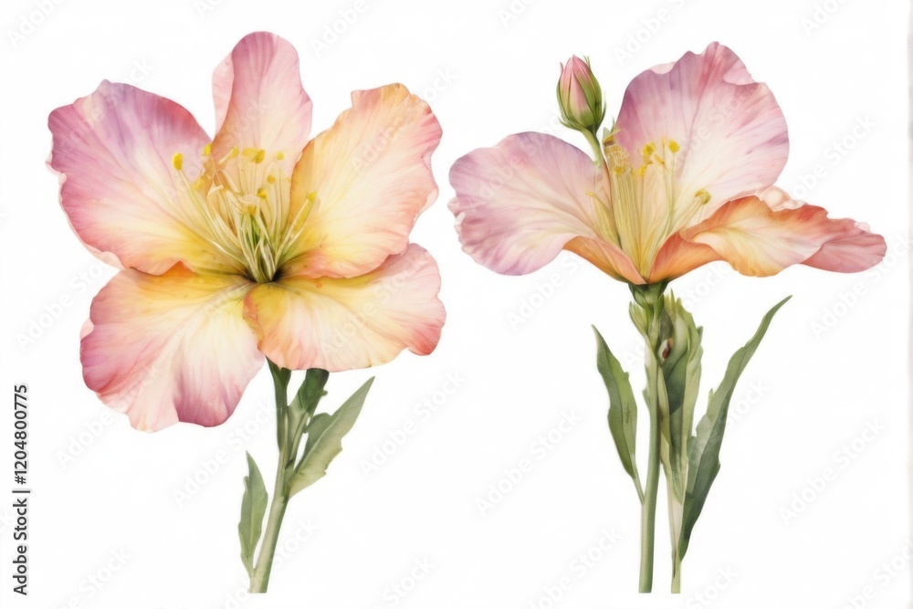 Fototapeta premium Vibrant Watercolor Illustration of Pink and Yellow Flowers in Full Bloom on White Background with Realistic Details.