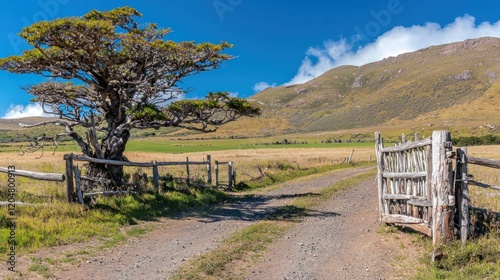 Rural Patagonian farm gate, open dirt road, mountains