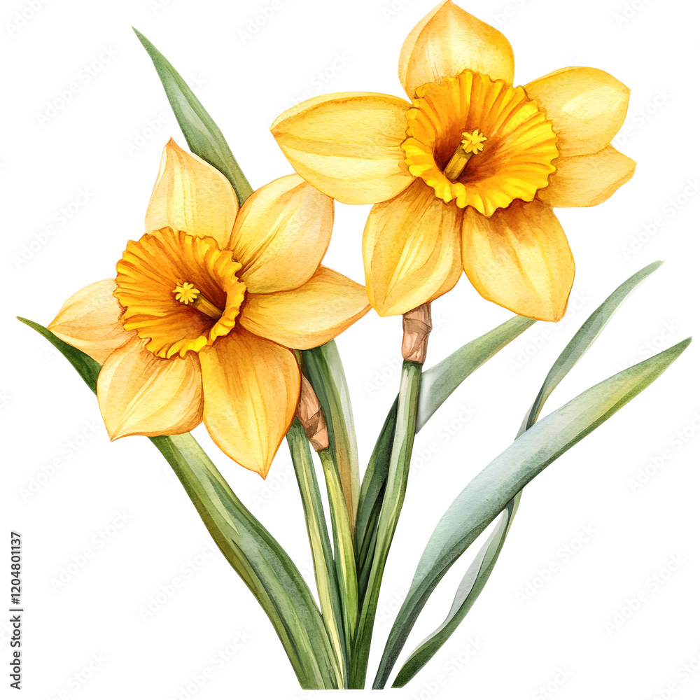 Bright Yellow Daffodils in Bloom with Green Leaves on White Background Bright Yellow Daffodils in Bloom with Green Leaves on White Background