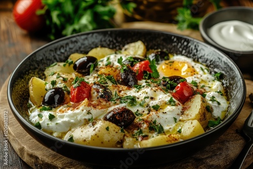 Traditional Arabic breakfast foul eggs with potatoes labneh white cheese olives tomatoes cream and tea