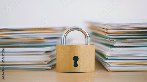 secure padlock stands between stacks of organized documents, symbolizing protection and confidentiality. This conveys sense of safety and order in managing important information