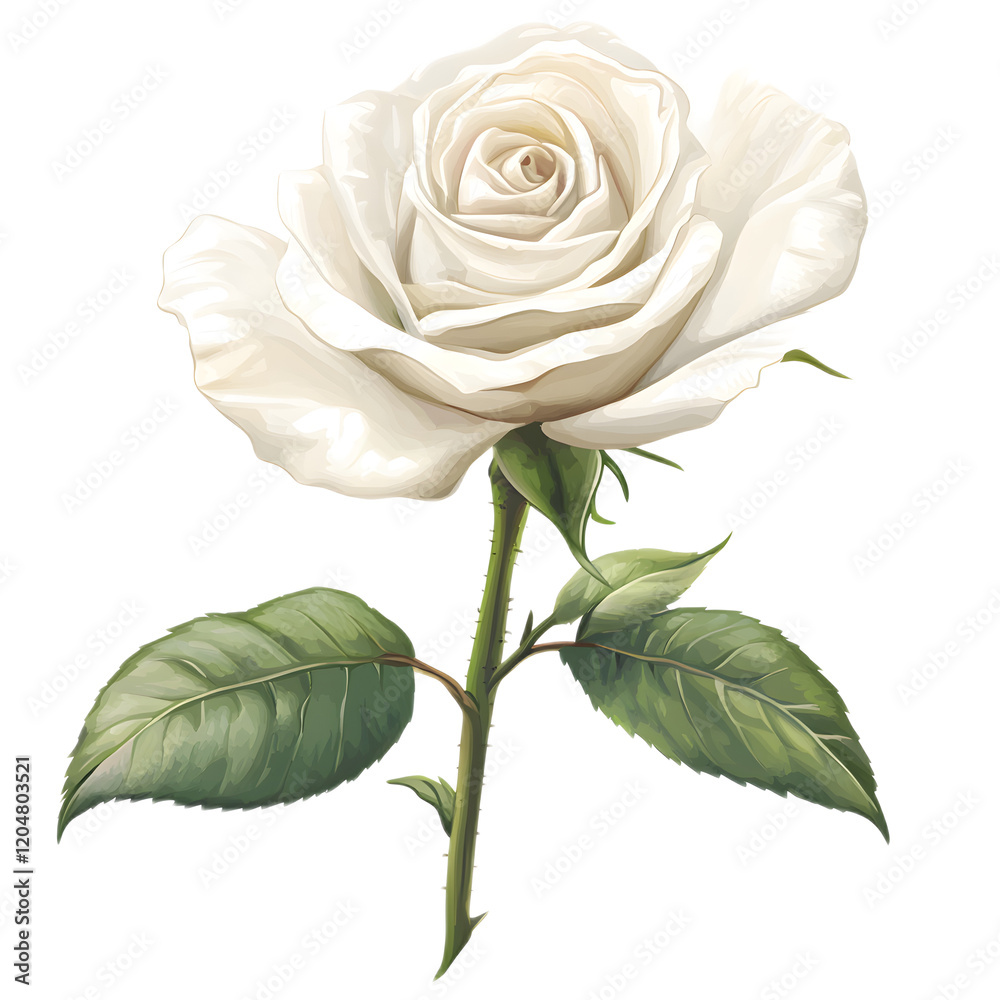 Fototapeta premium Elegant White Rose on Stem with Lush Green Leaves and Thorns