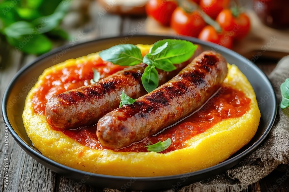 Traditional Italian dish of polenta sausage and tomato sauce on a wooden surface Traditional Italian dish of polenta sausage and tomato sauce on a wooden surface