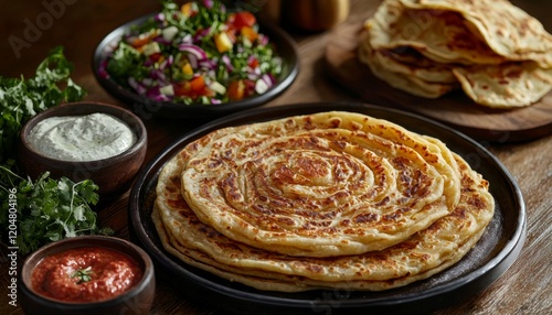 Malabari paratha, layered and crispy, presented alongside a bowl of savory curry and fresh herbs, made for a satisfying Iftar during Ramadan