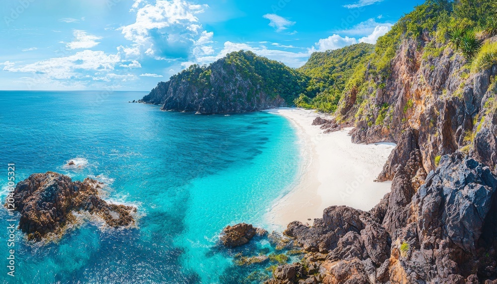 beautiful white sand beach, where clear blue waters meet rocky shorelines in a lush tropical paradise, perfect for relaxation