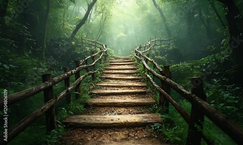Road and stone stairs in magical and mysterious dark forest with mystical sun light and firefly. Fairy tale concept