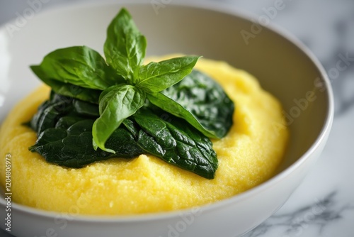 Vegetarian meal cornmeal porridge with cooked spinach photo