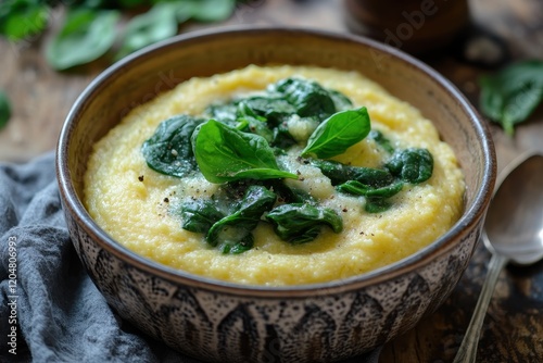 Vegetarian meal polenta with sautéed spinach photo