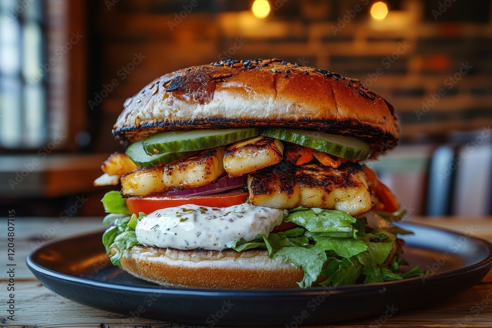 Veggie burger topped with grilled halloumi fresh greens tomato cucumber onion and yogurt mint sauce on a rustic wooden table Veggie burger topped with grilled halloumi fresh greens tomato cucumber onion and yogurt mint sauce on a rustic wooden table