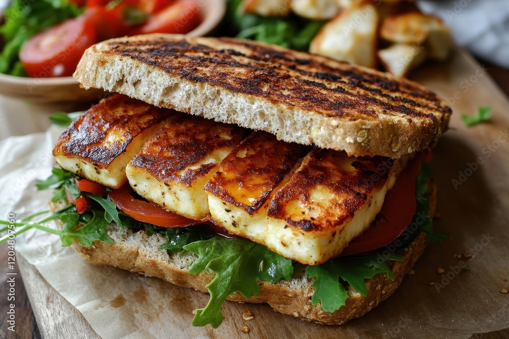 Veggie filled vegan sandwich with halloumi on oat roll chosen backdrop Veggie filled vegan sandwich with halloumi on oat roll chosen backdrop