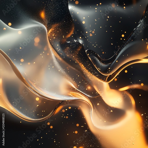 Abstract Design with Fluid, Wavy Shapes and Golden Light Illuminating Glossy Particles