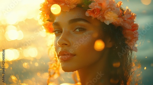 Tropical Beach Portrait of Happy Hawaiian Woman with Flower Crown and Golden Sunlight