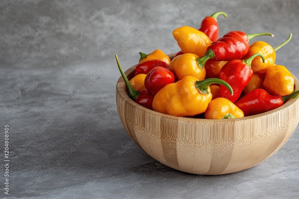 Wooden bowl of yellow and red scotch bonnet peppers on gray surface Empty space Wooden bowl of yellow and red scotch bonnet peppers on gray surface Empty space