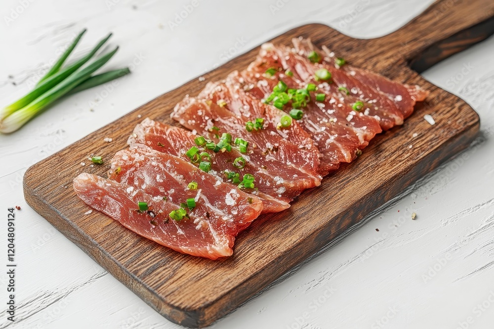Wooden platter of tasty salted herring and green onions on a white table Wooden platter of tasty salted herring and green onions on a white table