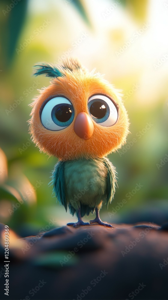 A cute, cartoonish bird with large eyes stands on a log in a lush, vibrant environment.