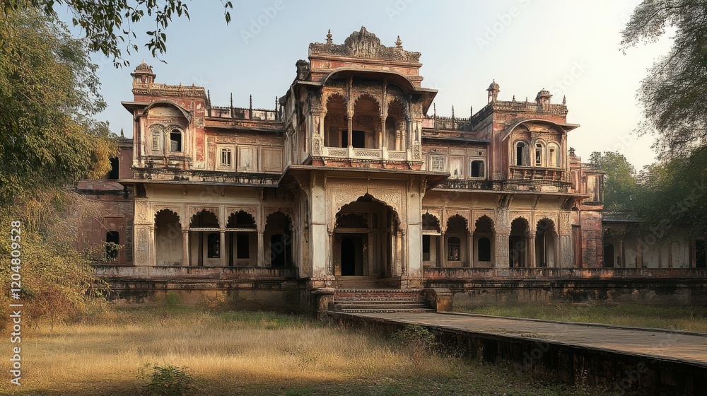 Obraz premium An old, ornate building surrounded by overgrown grass and trees.